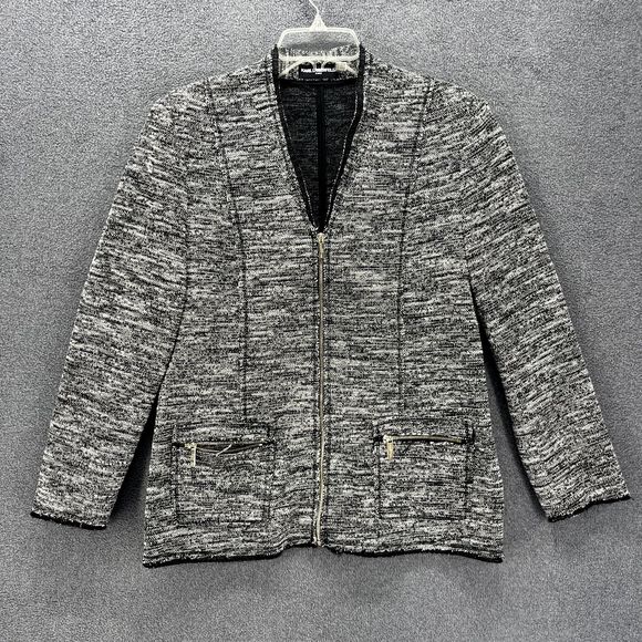 Karl Lagerfeld Jackets & Blazers - Karl Lagerfeld Jacket Womens XL Tweed Full Zip Blazer Raw Hem Black White